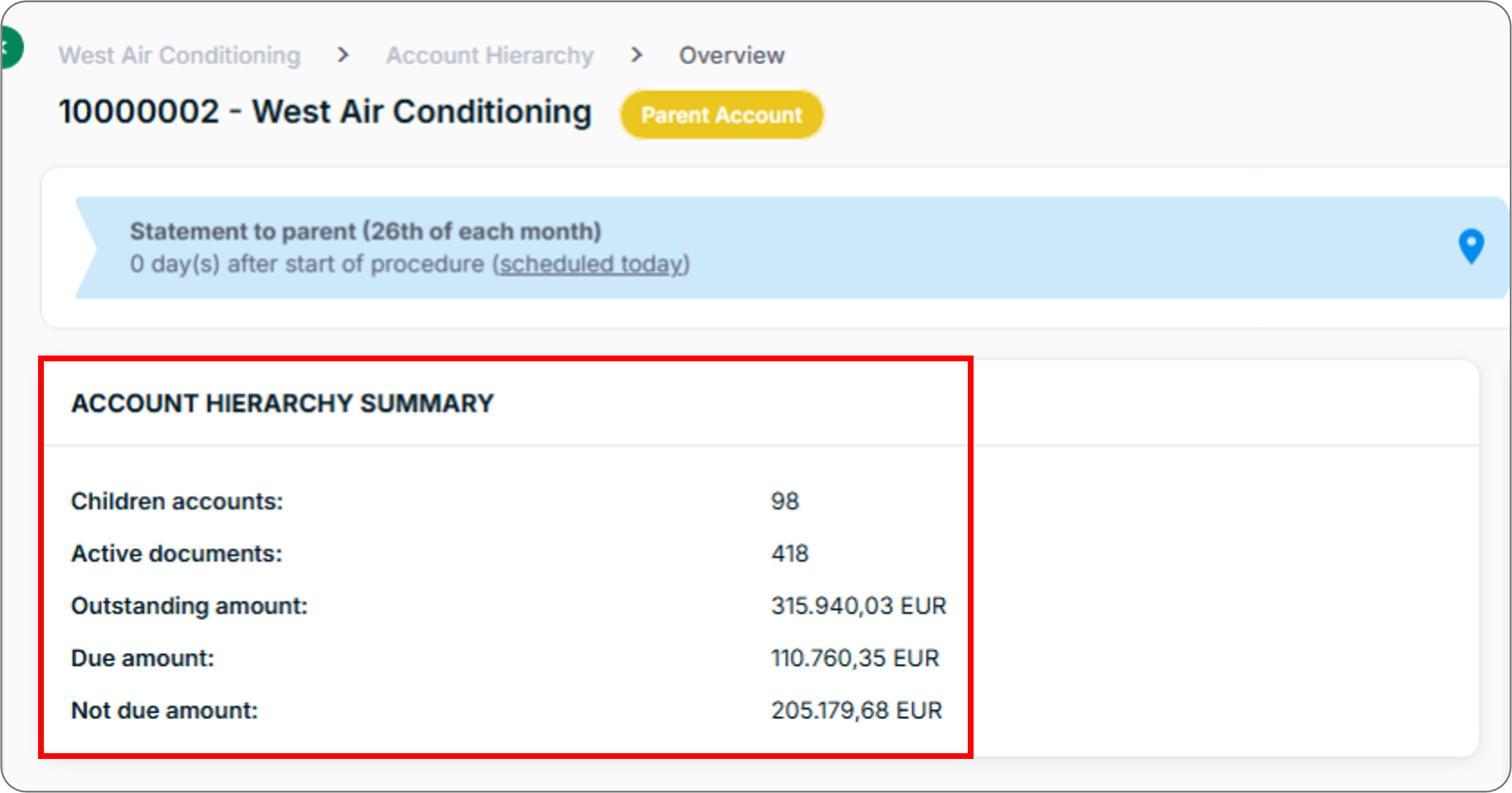 Shows the location of the account hierarchy summary widget on a client record