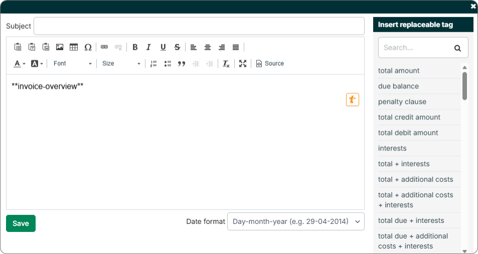 Shows the rich text editor including the search field where one can look up replaceable tags