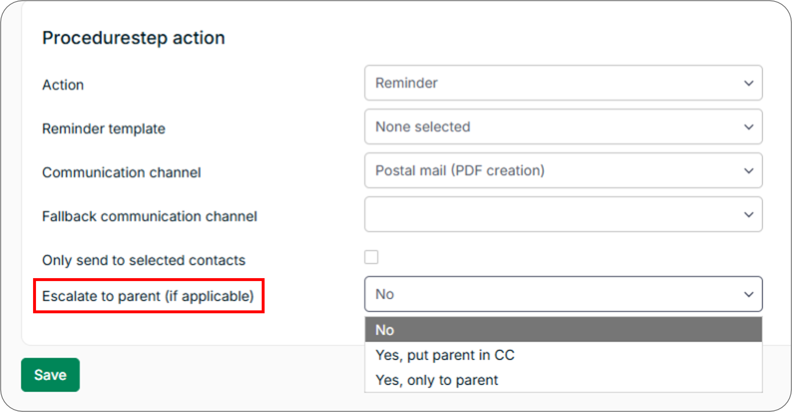 Shows the 'Escalate to parent' option in the procedure step configuration menu