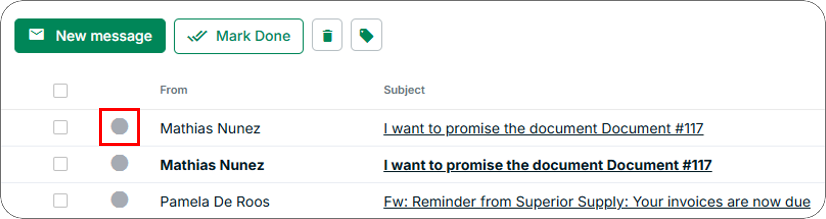 Shows the gray circle next to an unprocessed message in the Collections inbox