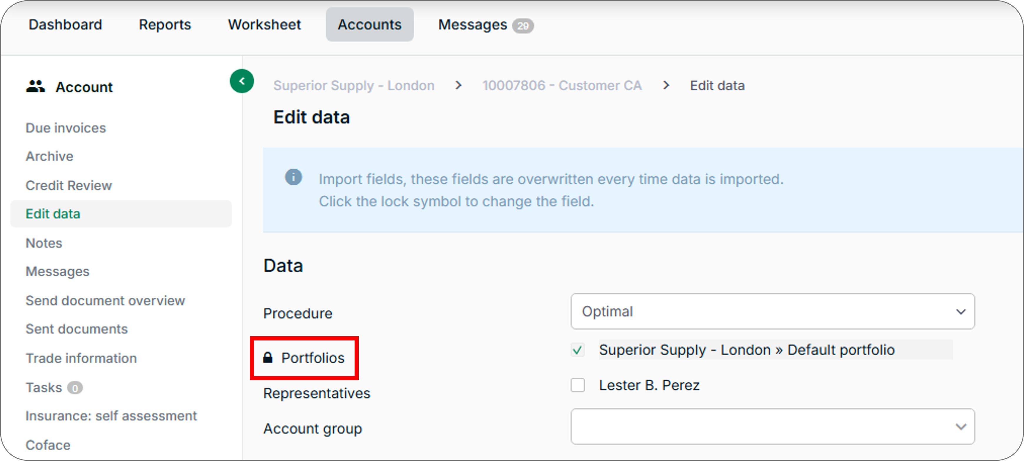Highlights the portfolio field on the Edit data page. This field is an example of a locked import field.