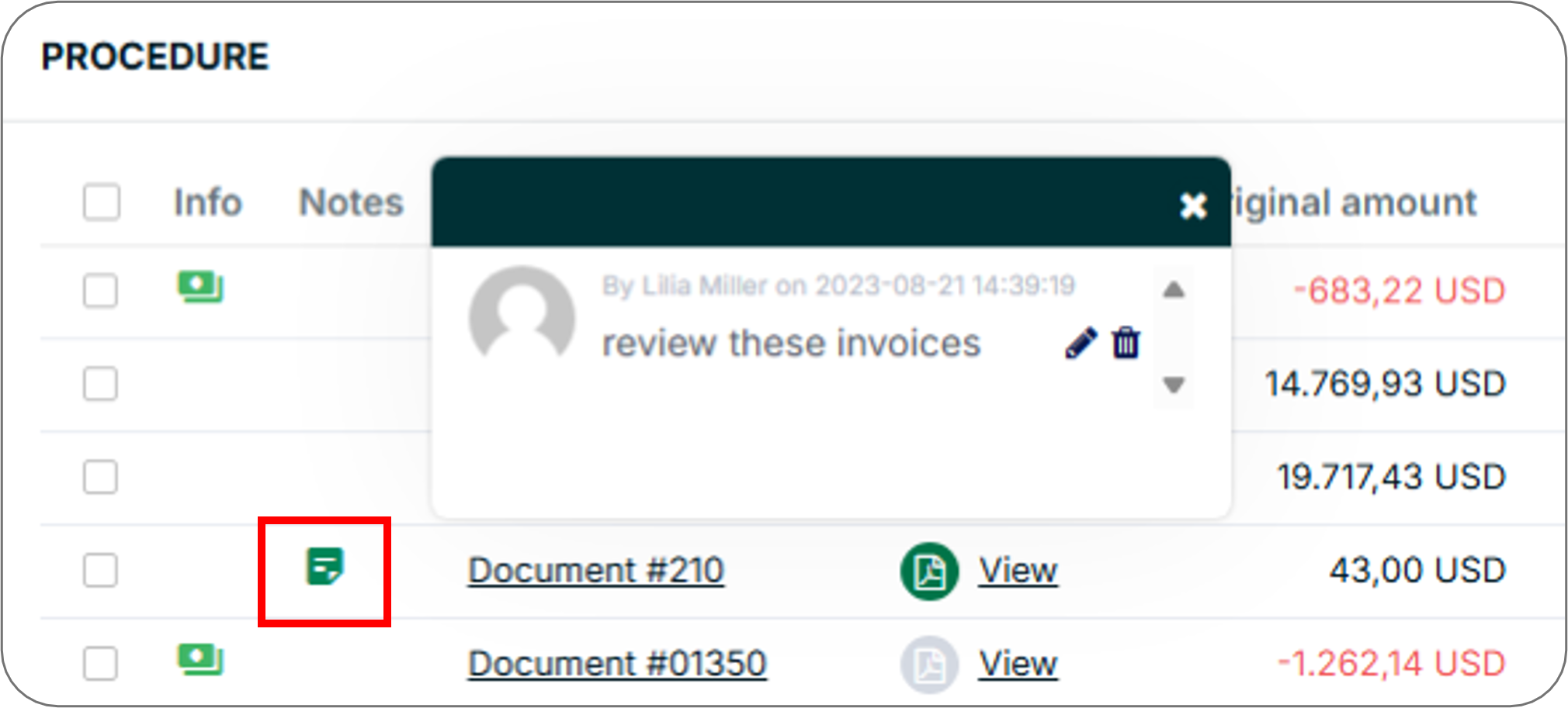 Shows the icon in the Notes column of the document table which, when selected, shows note content in a pop-up window. Notes can be edited or deleted in this window.