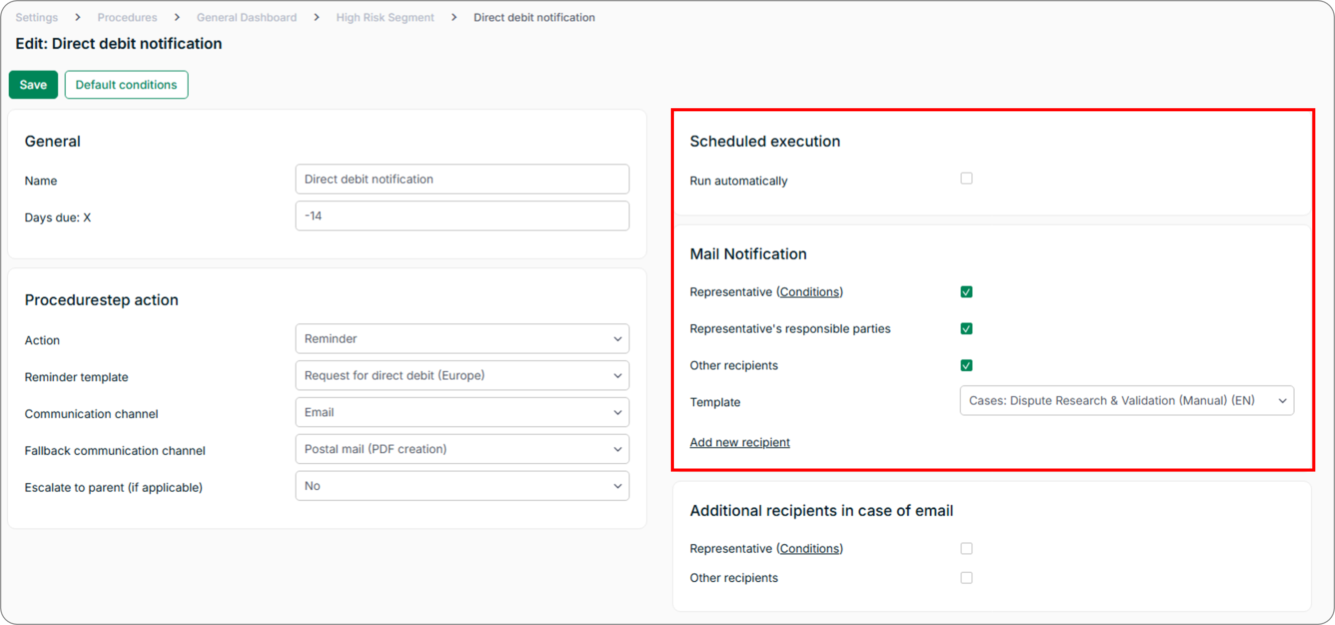 Shows the 'Scheduled execution' panel. Here you can change notification and recipient settings.