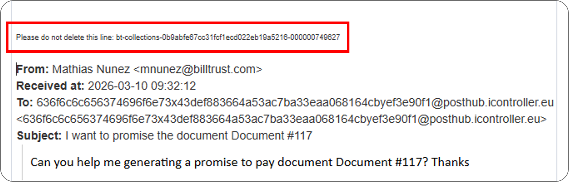 Highlights an example of a tracking ID in an email reply