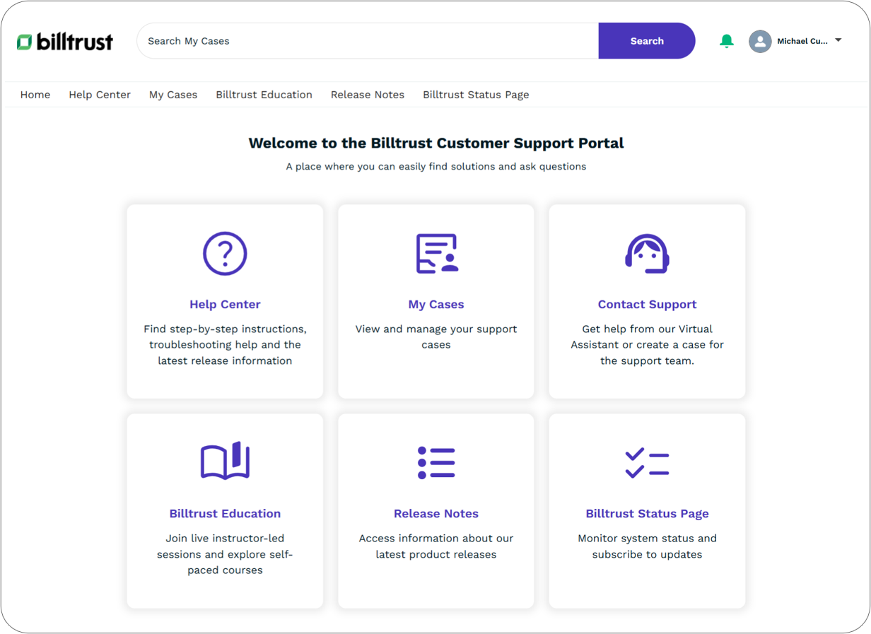 Shows the landing page of the Support portal which is divided into six kinds of self-service support, each of which is described below.
